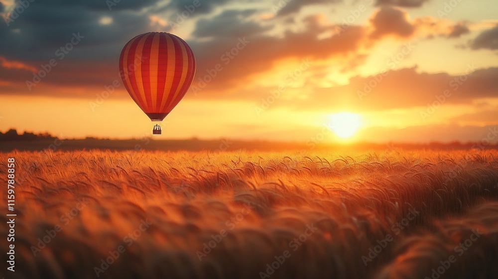 Fototapeta premium Hot Air Balloon Soaring Over Golden Wheat Field at Sunset