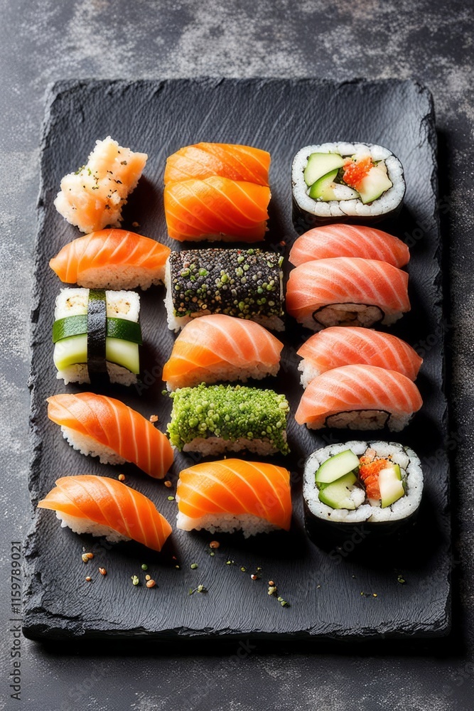 Artistic sushi arrangement on dark background, featuring fresh fish and vegetable rolls. Perfect for culinary promotions, social media content, and food blogs, emphasizing freshness and visual appeal. Artistic sushi arrangement on dark background, featuring fresh fish and vegetable rolls. Perfect for culinary promotions, social media content, and food blogs, emphasizing freshness and visual appeal.