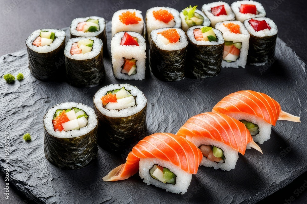 Artistic sushi arrangement on dark background, featuring fresh fish and vegetable rolls. Perfect for culinary promotions, social media content, and food blogs, emphasizing freshness and visual appeal. Artistic sushi arrangement on dark background, featuring fresh fish and vegetable rolls. Perfect for culinary promotions, social media content, and food blogs, emphasizing freshness and visual appeal.