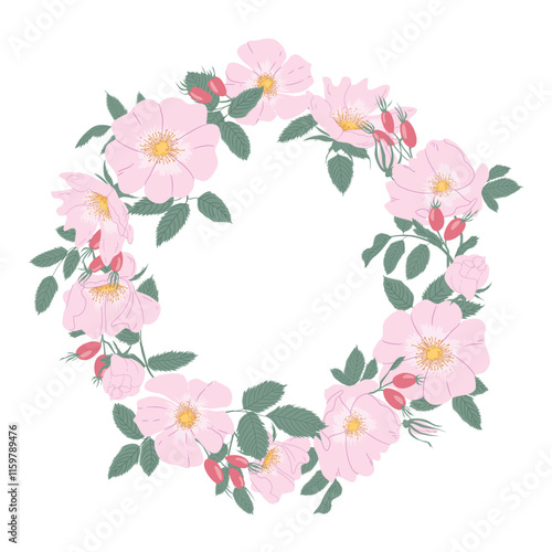 Wreath of rosehip flowers. A frame of roses. Pink flowers in a circle. For invitations, posters, postcards, packaging photo