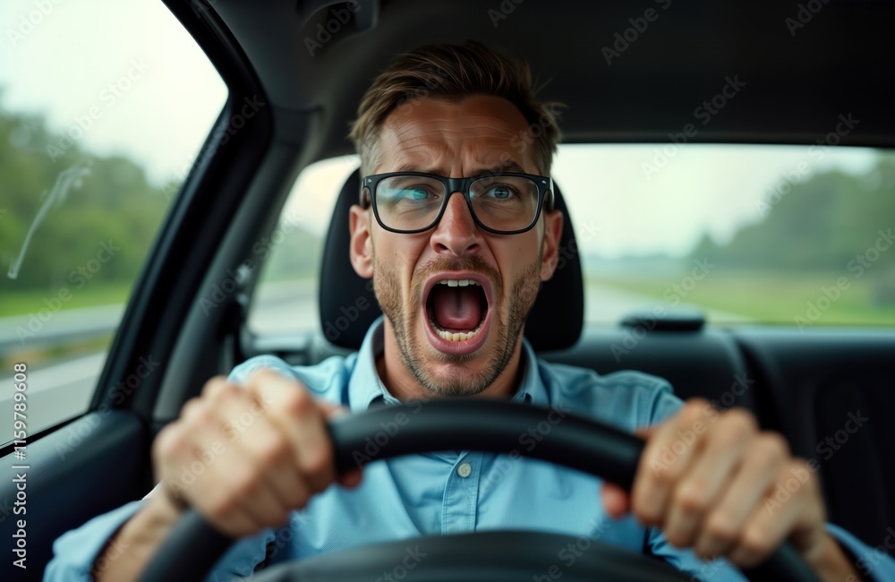 Man in car driving. Frustrated expression. Angry and upset driver. Driving on highway or road. Focus on emotion of driver. Likely road trip or commute. Man is clearly agitated. Man in car driving. Frustrated expression. Angry and upset driver. Driving on highway or road. Focus on emotion of driver. Likely road trip or commute. Man is clearly agitated.