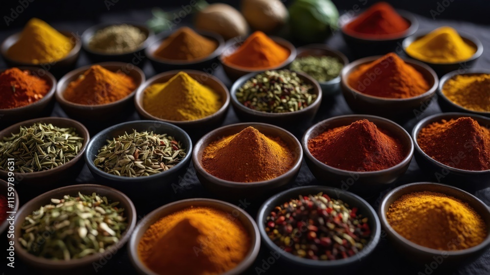 A vibrant arrangement of various spices in bowls, showcasing a rich palette of colors. A vibrant arrangement of various spices in bowls, showcasing a rich palette of colors.