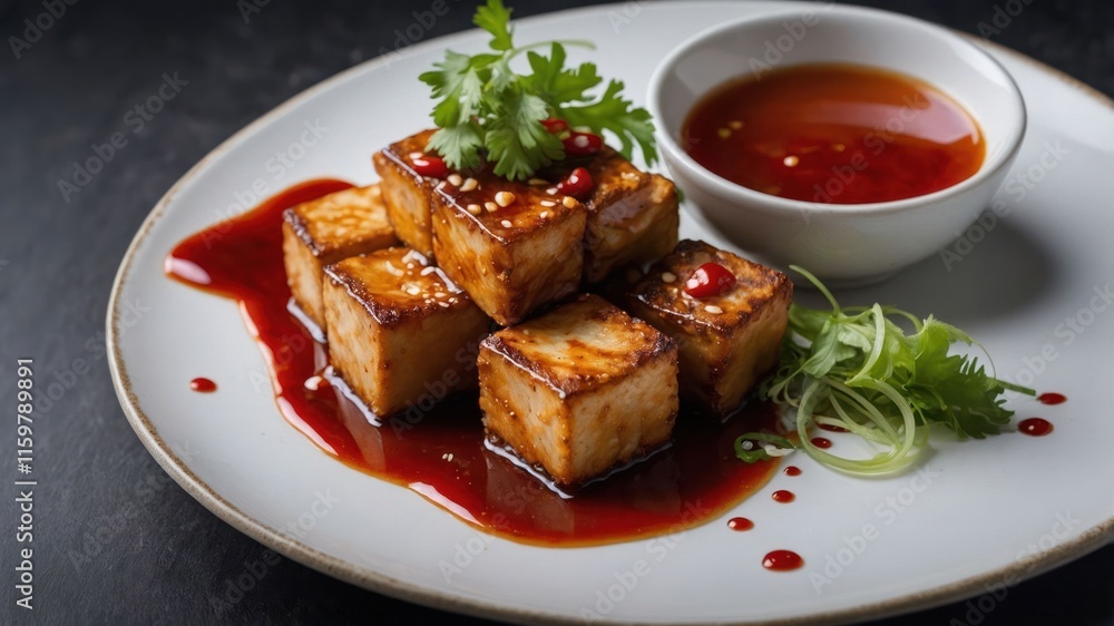 A plate of grilled tofu cubes garnished with herbs and served with a dipping sauce. A plate of grilled tofu cubes garnished with herbs and served with a dipping sauce.
