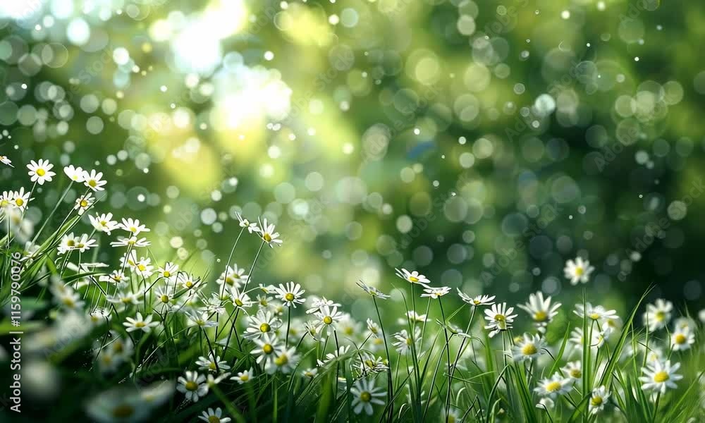 White flowers in sunlit, bokeh-detailed green meadow White flowers in sunlit, bokeh-detailed green meadow