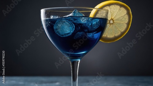 A vibrant blue cocktail garnished with a lemon slice and ice cubes in a stylish glass. photo