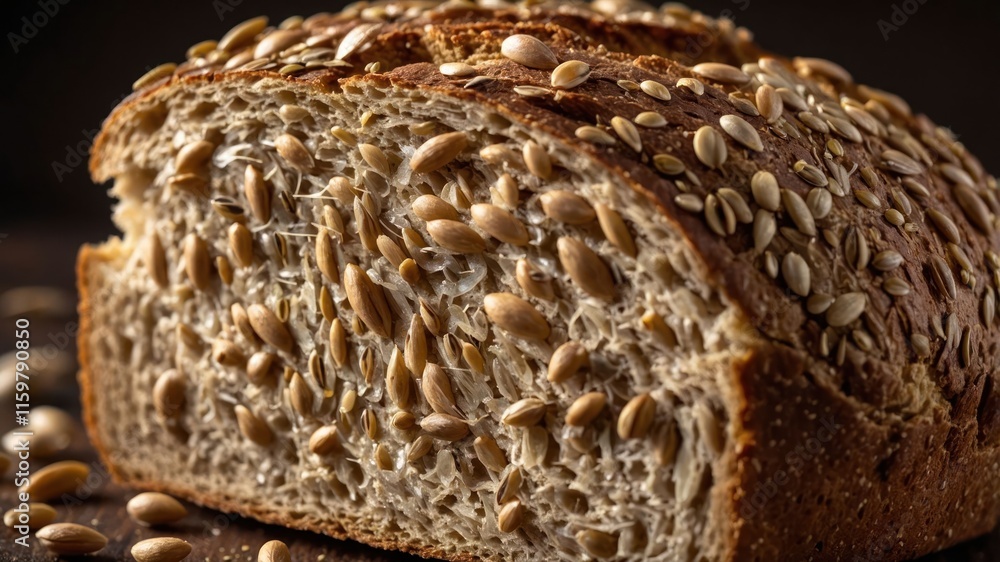 A close-up of a sliced loaf of seeded bread, showcasing its texture and ingredients. A close-up of a sliced loaf of seeded bread, showcasing its texture and ingredients.