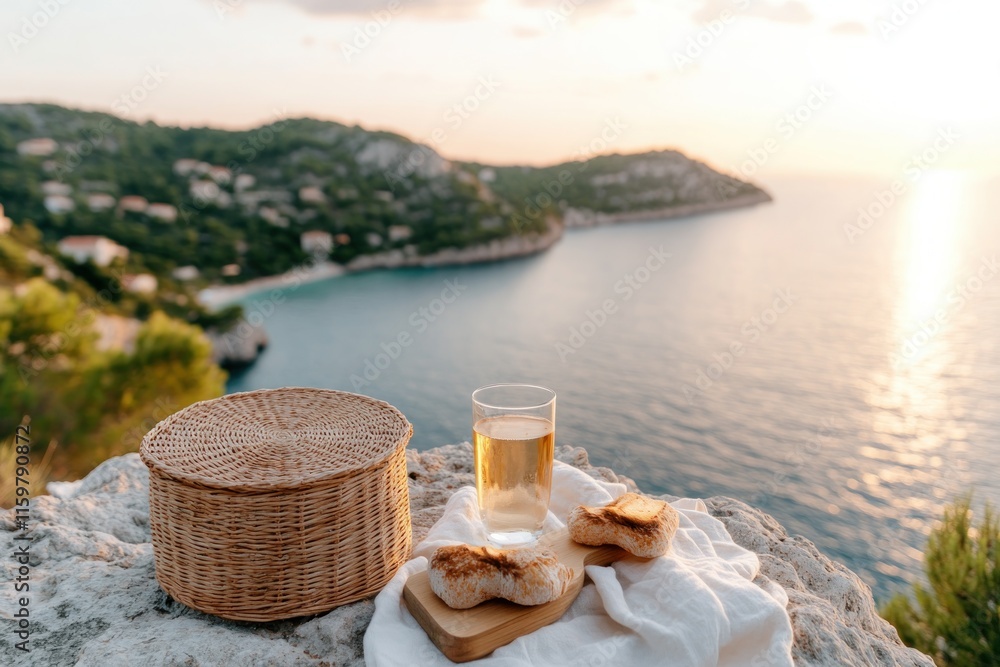 Fototapeta premium Escape to paradise with a breathtaking picnic on a secluded cliff, where the sweeping sea views create the perfect backdrop for a romantic getaway Indulge in the luxury of nature, as you savor