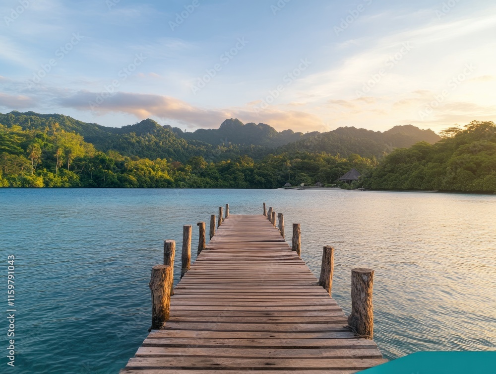 Fototapeta premium Experience an idyllic overwater bungalow sunset view, the ultimate romantic getaway Discover luxury and serenity with this breathtaking panorama Find peace and tranquility in this paradise retreat