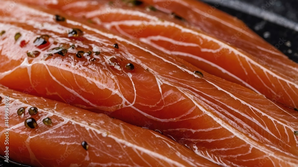 Fresh slices of salmon arranged on a plate, showcasing their rich color and texture. Fresh slices of salmon arranged on a plate, showcasing their rich color and texture.