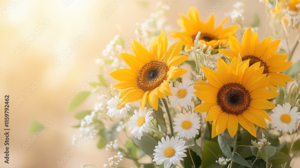 Obraz premium Yellow sunflowers and white daisies on taupe background with sunlight