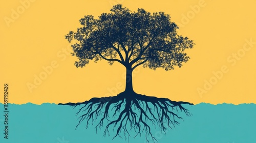 Deeply Rooted Tree Silhouette Against Yellow Sky - Peaceful Nature Illustration