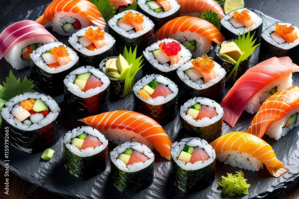 Artistic sushi arrangement on dark background, featuring fresh fish and vegetable rolls. Perfect for culinary promotions, social media content, and food blogs, emphasizing freshness and visual appeal. Artistic sushi arrangement on dark background, featuring fresh fish and vegetable rolls. Perfect for culinary promotions, social media content, and food blogs, emphasizing freshness and visual appeal.