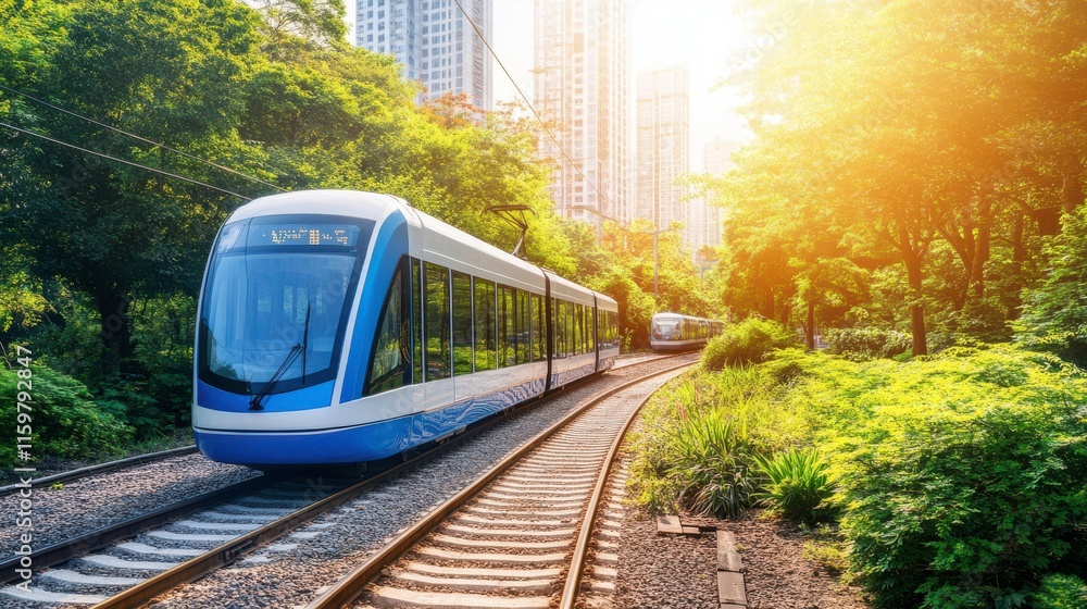 Obraz premium Futuristic Electric Train in Urban Greenery