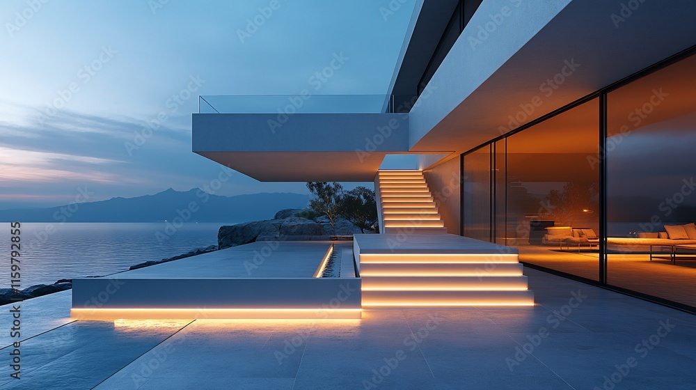 Fototapeta premium Modern Coastal House Illuminated at Dusk Overlooking the Sea
