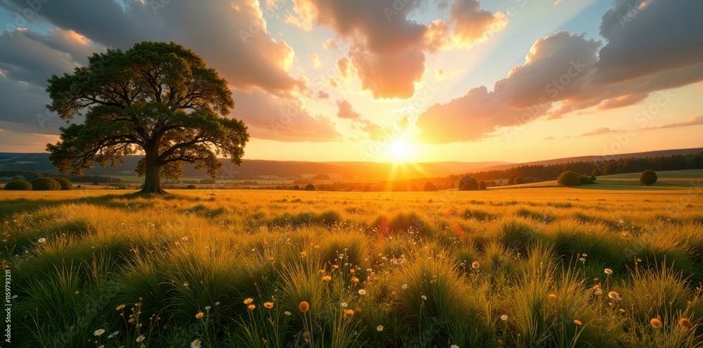Fototapeta premium Einzelpfaff in sanfter Landschaft mit Sonnenaufgang in der Ferne, ocean, wildlife, natural