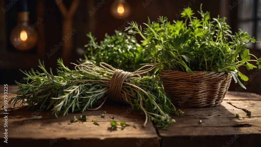 A rustic arrangement of fresh herbs on a wooden table, showcasing natural beauty and culinary use. A rustic arrangement of fresh herbs on a wooden table, showcasing natural beauty and culinary use.