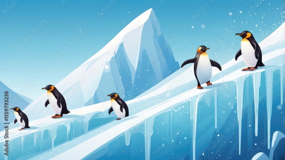 Obraz premium cute wallpaper,Adorable penguins sliding on sparkling icy slopes