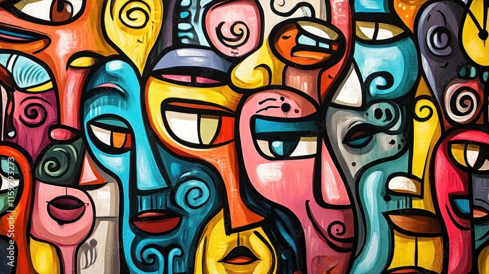 Fototapeta premium Colorful abstract painting of multiple faces.