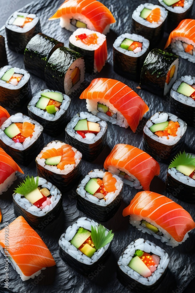 Artistic sushi arrangement on dark background, featuring fresh fish and vegetable rolls. Perfect for culinary promotions, social media content, and food blogs, emphasizing freshness and visual appeal. Artistic sushi arrangement on dark background, featuring fresh fish and vegetable rolls. Perfect for culinary promotions, social media content, and food blogs, emphasizing freshness and visual appeal.