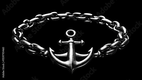 Silver mariner chain nautical inspired design on plain black dark background. Mariner. Illustration photo