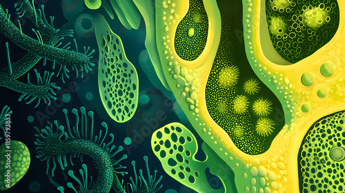 Vue macroscopique de micro-algues dans leurs milieu naturel. Mariner. Illustration