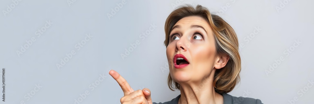 Senior woman looking up in awe, pointing with open mouthed surprise, senior, shocked Senior woman looking up in awe, pointing with open mouthed surprise, senior, shocked