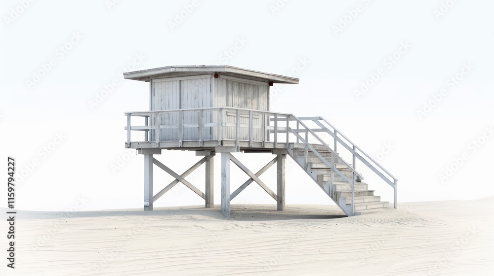 White wooden lifeguard tower on sandy beach, isolated on white background. White wooden lifeguard tower on sandy beach, isolated on white background.