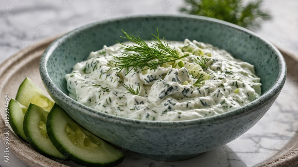 A bowl of creamy cucumber dip garnished with dill, served with cucumber slices. A bowl of creamy cucumber dip garnished with dill, served with cucumber slices.