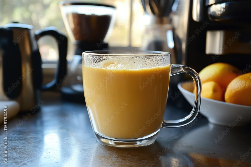 Breakfast drink made from blended coffee organic butter and MCT oil suitable for paleo and keto diets