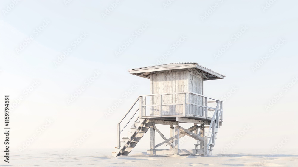 Minimalist white wooden lifeguard tower on a sandy beach under a bright sky. Minimalist white wooden lifeguard tower on a sandy beach under a bright sky.