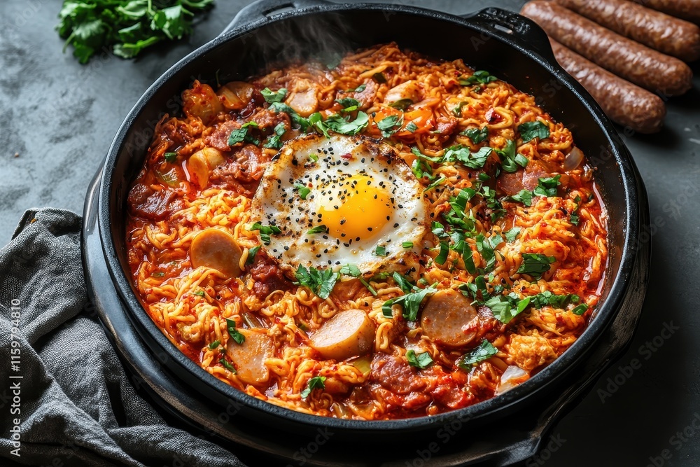 Budae Jjigae a Korean hot pot features kimchi spam sausages ramen and various other ingredients Budae Jjigae a Korean hot pot features kimchi spam sausages ramen and various other ingredients