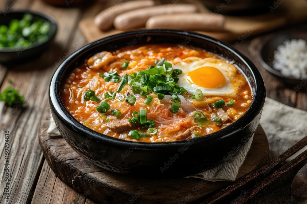 Budae jjigae a Korean hot pot features kimchi spam sausages ramen and more Budae jjigae a Korean hot pot features kimchi spam sausages ramen and more