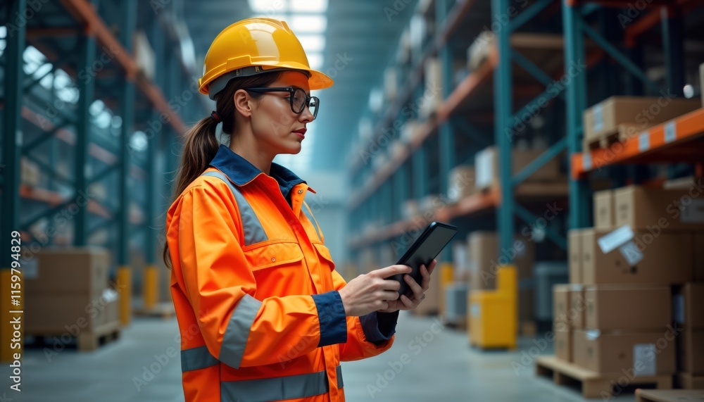 Female engineer in safety uniform uses tablet in large metal warehouse. Industrial specialist works in manufacturing plant. Focus on modern tech, safety. Pro woman in industrial setting. Serious Female engineer in safety uniform uses tablet in large metal warehouse. Industrial specialist works in manufacturing plant. Focus on modern tech, safety. Pro woman in industrial setting. Serious