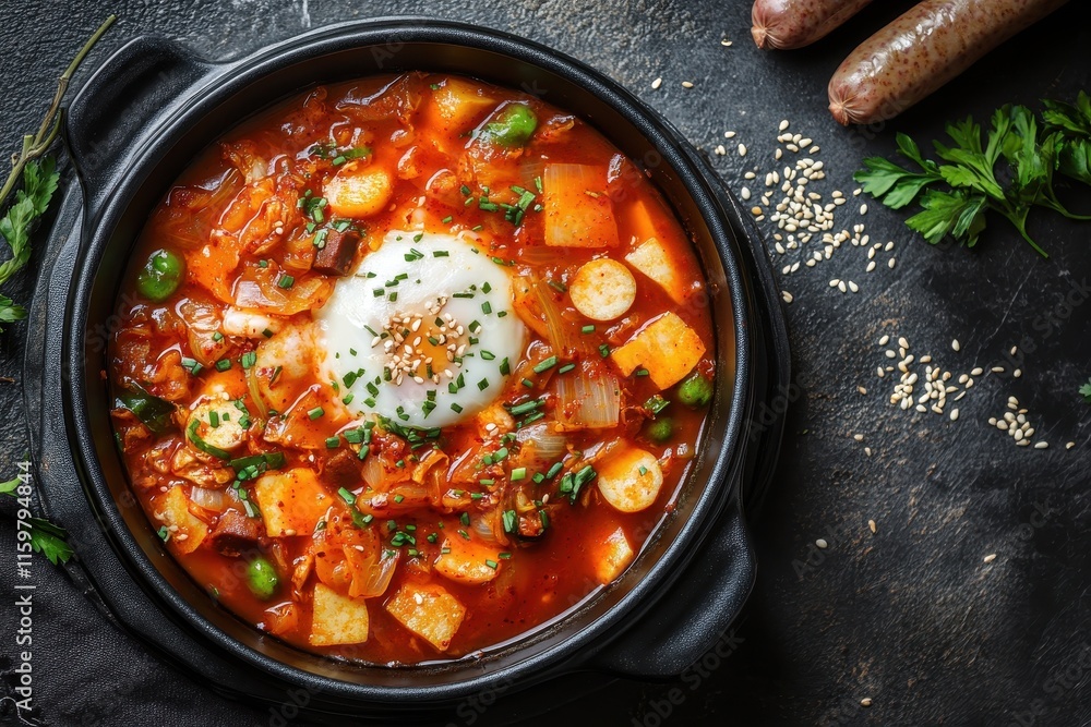 Budae Jjigae Army stew is a hearty Korean hot pot filled with kimchi spam sausages ramen and more Budae Jjigae Army stew is a hearty Korean hot pot filled with kimchi spam sausages ramen and more