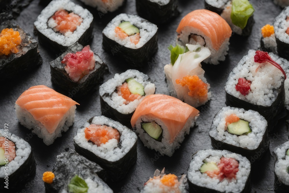 Artistic sushi arrangement on dark background, featuring fresh fish and vegetable rolls. Perfect for culinary promotions, social media content, and food blogs, emphasizing freshness and visual appeal. Artistic sushi arrangement on dark background, featuring fresh fish and vegetable rolls. Perfect for culinary promotions, social media content, and food blogs, emphasizing freshness and visual appeal.