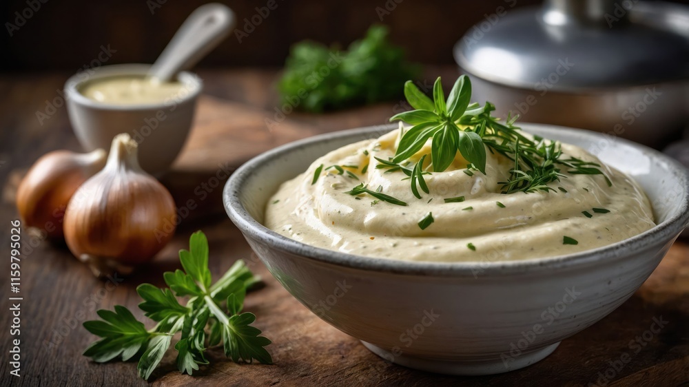 A creamy dip garnished with herbs, served with onions and mustard in a rustic setting. A creamy dip garnished with herbs, served with onions and mustard in a rustic setting.