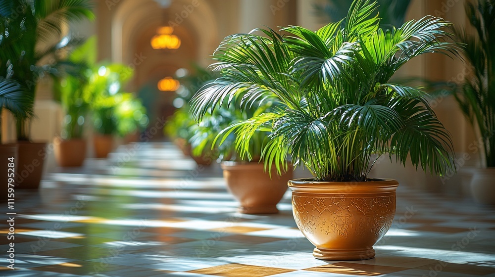 Fototapeta premium Sunlit Palm Plants in Elegant Hallway Pots