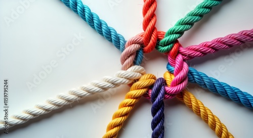 Colorful ropes intertwined in circle showing unity, teamwork. Diverse ropes connected represent business metaphor for partnership synergy. Image collective effort to achieve common goal with strong photo