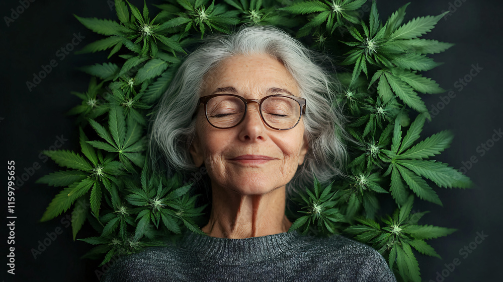 A serene elderly woman peacefully rests, surrounded by lush cannabis leaves, perfect for wellness themes, elder care, and medical cannabis promotion. A serene elderly woman peacefully rests, surrounded by lush cannabis leaves, perfect for wellness themes, elder care, and medical cannabis promotion.