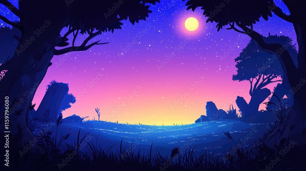 Silhouetted Trees and Grass Underneath a Full Moon and Starry Night Sky Silhouetted Trees and Grass Underneath a Full Moon and Starry Night Sky
