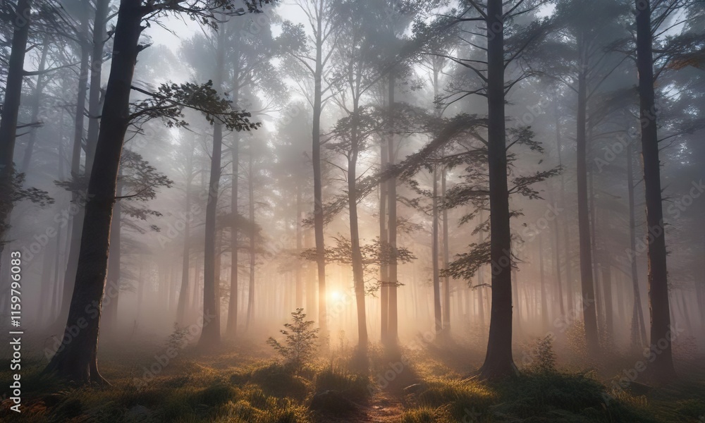 early morning light shines through foggy forest with trees, fog, greenery early morning light shines through foggy forest with trees, fog, greenery
