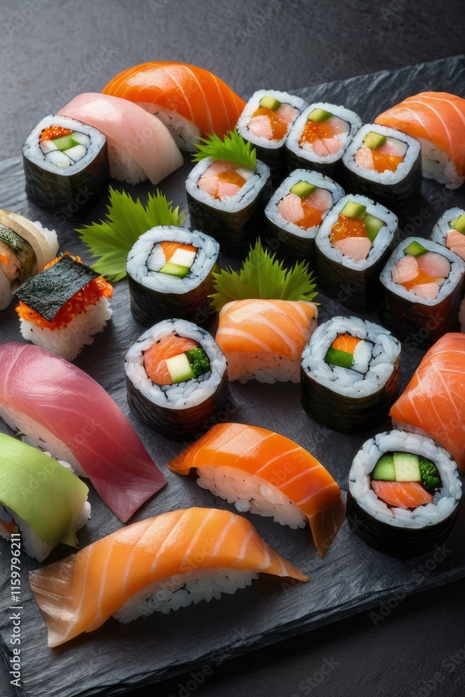 Artistic sushi arrangement on dark background, featuring fresh fish and vegetable rolls. Perfect for culinary promotions, social media content, and food blogs, emphasizing freshness and visual appeal. Artistic sushi arrangement on dark background, featuring fresh fish and vegetable rolls. Perfect for culinary promotions, social media content, and food blogs, emphasizing freshness and visual appeal.