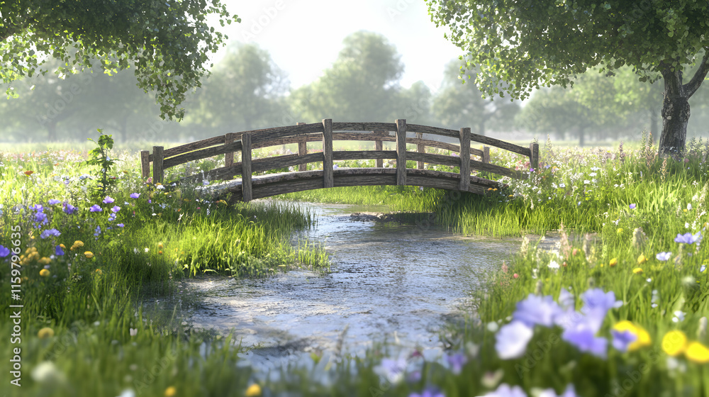 Serene wooden bridge spanning a tranquil stream, nestled amidst a vibrant wildflower meadow on a misty morning. A picturesque scene of idyllic rural peace. Serene wooden bridge spanning a tranquil stream, nestled amidst a vibrant wildflower meadow on a misty morning. A picturesque scene of idyllic rural peace.