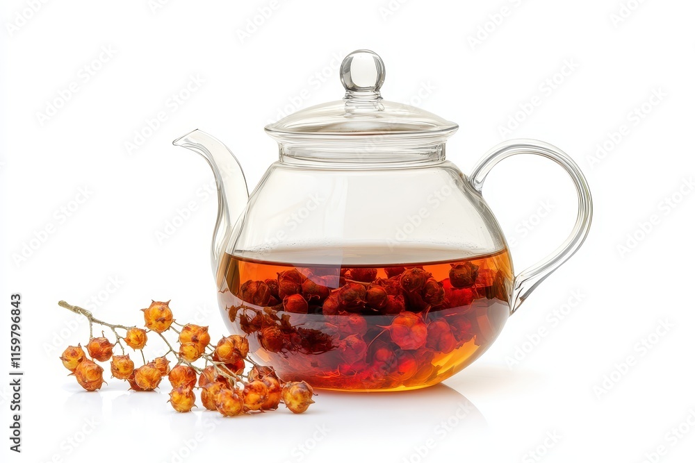 Clear glass teapot with Schisandra tea on white background Clear glass teapot with Schisandra tea on white background