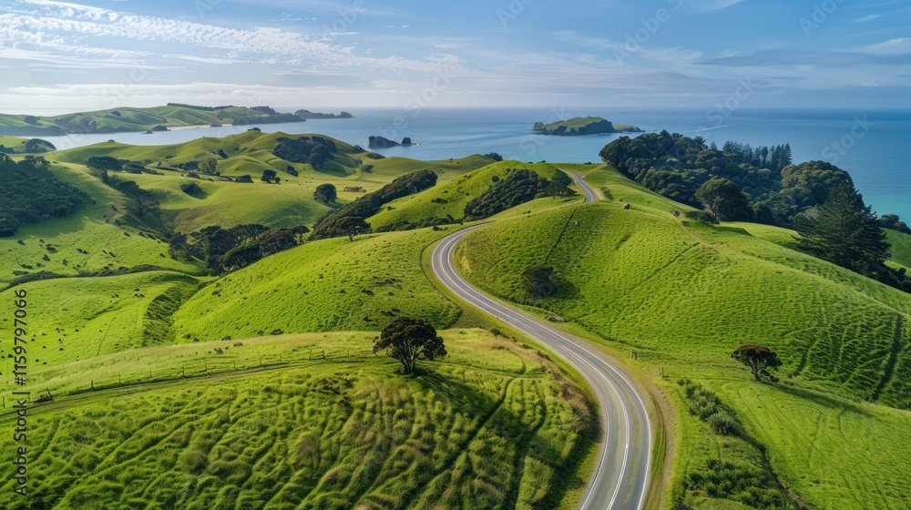 Naklejka premium Aerial view of coastal highway winding through lush green hills and ocean.