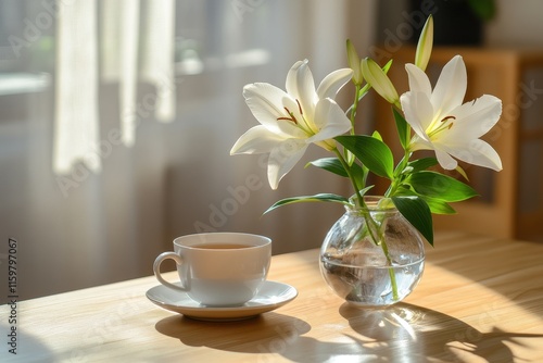 Clear vase holding white lilies on a wooden table with tea and breakfast