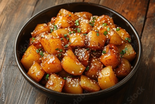 Close up of a bowl of Korean braised potato dish Gamja Jorim in sweet soy and sesame sauce viewed from above