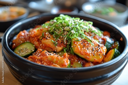 Close up of a bowl of Oi Muchim a spicy Korean cucumber salad on the table Vertical orientation photo