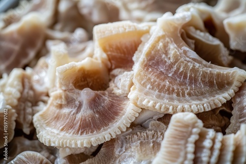 Close up of appetizing raw tripe the edible lining from livestock stomachs like goats cows and sheep photo