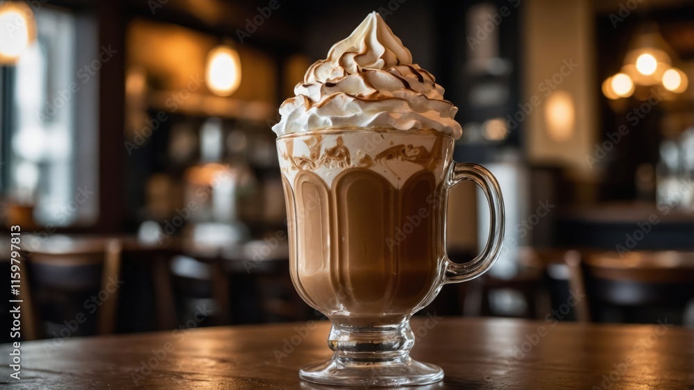 A delicious coffee beverage topped with whipped cream and caramel, served in a glass mug. A delicious coffee beverage topped with whipped cream and caramel, served in a glass mug.